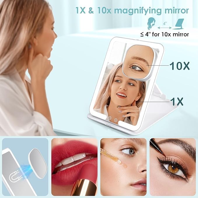 7.8" x 6.1" Rechargeable Travel Makeup Mirror with Lights and Magnification 10X, Foldable Stand with Adjustable Height & Angle, 3 Light Colors LED Lighted Vanity Mirror (White)