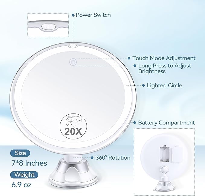 2025 Upgraded Magnifying Mirror with Light, 20X Lighted Magnifying Mirror with Suction Cup and Tweezers, 3 Colors Vanity Mirrors, 360 Rotation, Makeup Mirrors with Lights 8 Inches