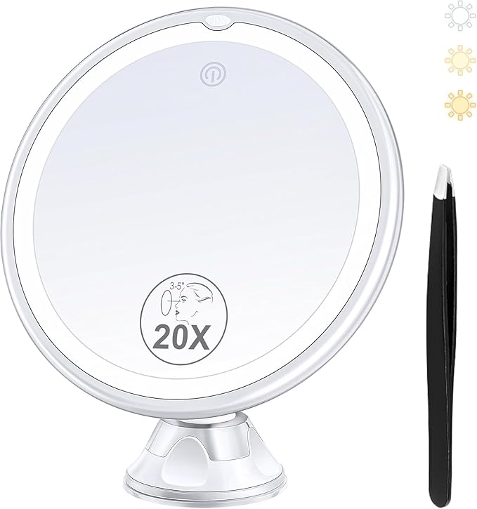 2025 Upgraded Magnifying Mirror with Light, 20X Lighted Magnifying Mirror with Suction Cup and Tweezers, 3 Colors Vanity Mirrors, 360 Rotation, Makeup Mirrors with Lights 8 Inches
