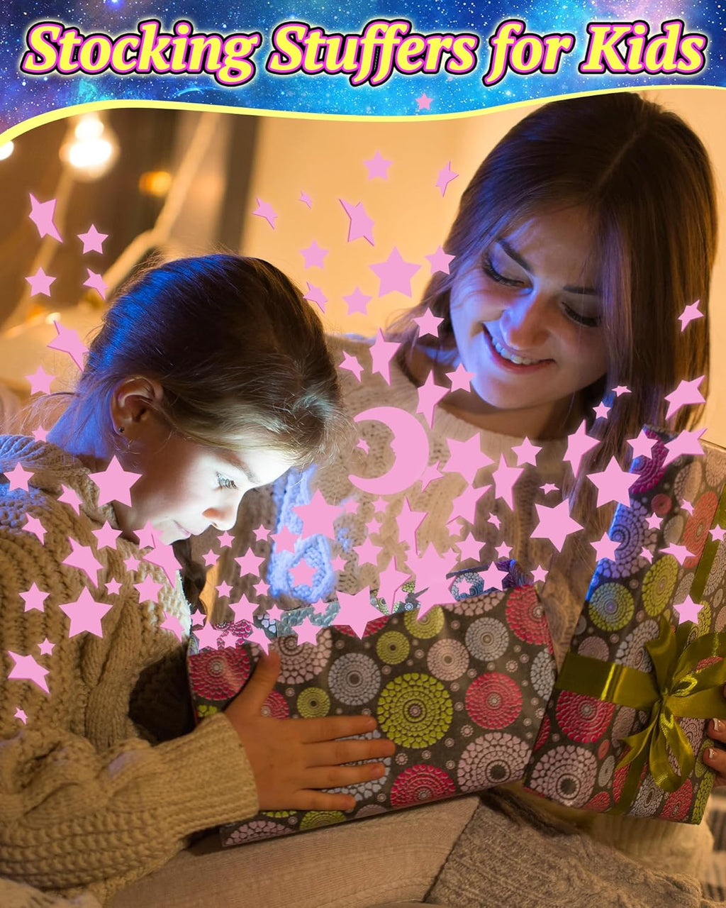 201 Pcs Glow in The Dark Stars Stickers for Ceiling, Toddler Stocking Stuffers Wall Room Decor Gifts, Luminous 3D Glowing Stars Easter Basket Stuffers for Kids Boys Girls - Pink