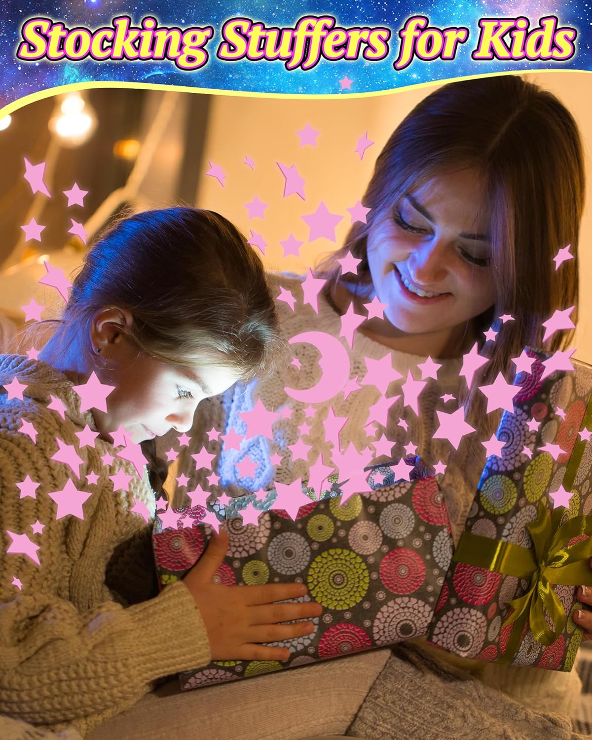 201 Pcs Glow in The Dark Stars Stickers for Ceiling, Toddler Stocking Stuffers Wall Room Decor Gifts, Luminous 3D Glowing Stars Easter Basket Stuffers for Kids Boys Girls - Pink