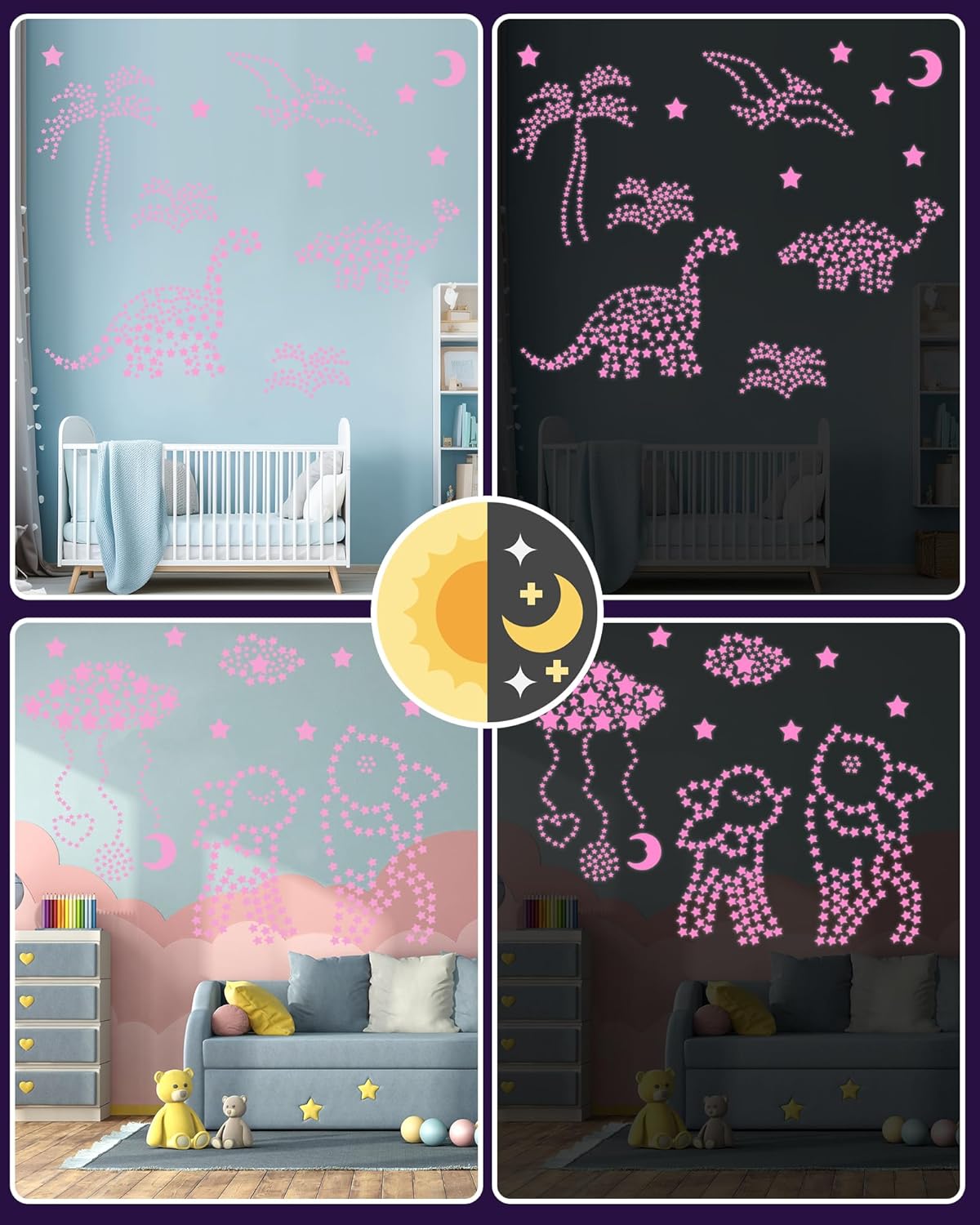 201 Pcs Glow in The Dark Stars Stickers for Ceiling Bedroom, Stocking Stuffers for Kids Ages 3-5, 4-8, 8-12, Boys Girls Room Decor Wall Stickers Stocking Stuffers for Toddler-Pink